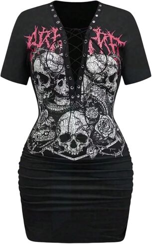 SOLY HUX Women's Y2k Gothic Graphic Bodycon Mini Dress Short Sleeve Deep V Neck Lace Up Punk Party T Shirt Dresses in Saudi Arabia