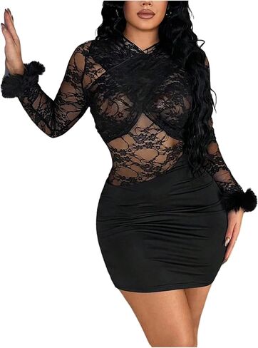 WDIRARA Women's Lace Crisscross Bodycon Dress Sheer Long Sleeve Ruched Mini Dresses in Saudi Arabia
