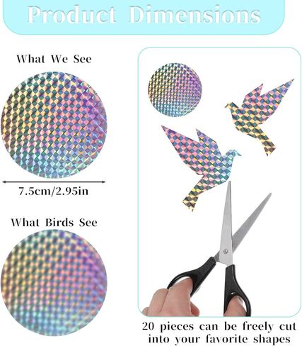 20 PCS Circle Bird Window Strike Prevention, Rainbow Reflective Anti-Collision Window Stickers for Birds, Round Birds Strike Prevention for Windows, Stop Bird from Hitting Windows in Saudi Arabia