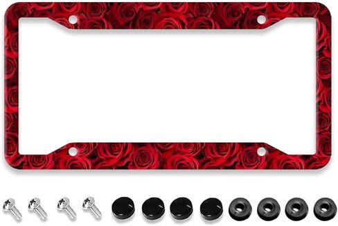 Rose License Plate Frame - 1 Pcs Funny Aluminum Car License Plate Cover Gorgeous Red Roses License Plate Holder Universal US-Canada 4 Hole Auto Car Tag for Women/Men in Saudi Arabia