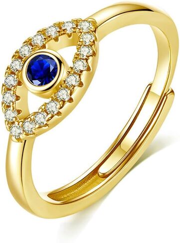 14K Gold Over 925 Sterling Silver Adjustable Evil Eye Ring with Sapphire and Moissanite, S925 Sterling Silver Protection Band, Jewelry for Women in Saudi Arabia