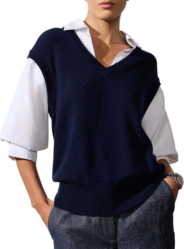 Brochu Walker The Kate Shirt Looker - سترة سترة برقبة على شكل حرف V مع قميص أبيض، وأكمام واسعة بطول الكوع، مزيج من الصوف/الكشمير (الولايات المتحدة، ألفا، X-Small، عادي، عادي، كحلي) in Saudi Arabia