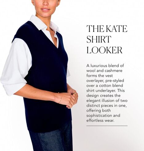 Brochu Walker The Kate Shirt Looker - سترة سترة برقبة على شكل حرف V مع قميص أبيض، وأكمام واسعة بطول الكوع، مزيج من الصوف/الكشمير (الولايات المتحدة، ألفا، X-Small، عادي، عادي، كحلي) in Saudi Arabia