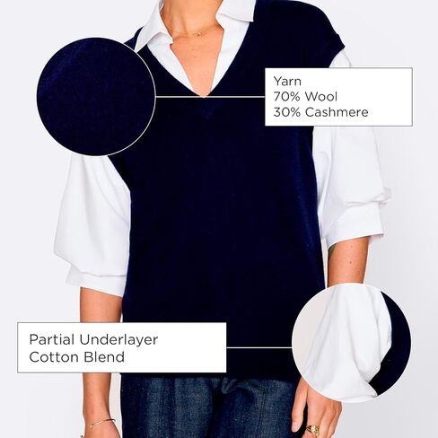 Brochu Walker The Kate Shirt Looker - سترة سترة برقبة على شكل حرف V مع قميص أبيض، وأكمام واسعة بطول الكوع، مزيج من الصوف/الكشمير (الولايات المتحدة، ألفا، X-Small، عادي، عادي، كحلي) in Saudi Arabia