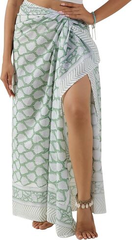 100% Cotton Sarong Coverup for Women Indian Hand Block Print Swimsuit Pareo Wrap Skirt Beach Bikini Cover Up Long (73" x 43") in Kuwait