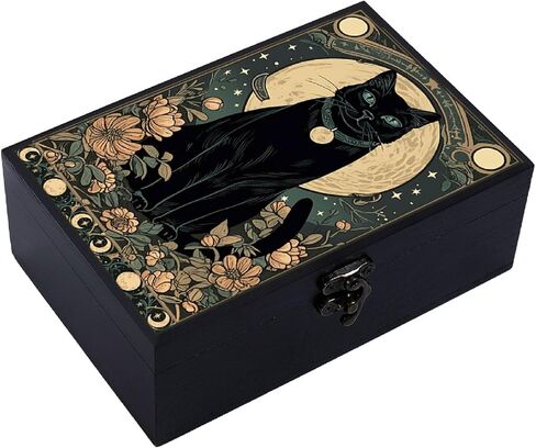 CREATCABIN Wooden Tarot Storage Boxes Witch Box Black Cat Wood Tarot Box for Cards Crystal Holder Rectangle Trinket Keepsake Box Decorative Storage Bin for Jewelry Astrology Women 4.3x6.5x2.3Inch in Kuwait