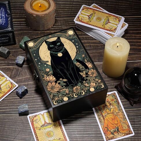 CREATCABIN Wooden Tarot Storage Boxes Witch Box Black Cat Wood Tarot Box for Cards Crystal Holder Rectangle Trinket Keepsake Box Decorative Storage Bin for Jewelry Astrology Women 4.3x6.5x2.3Inch in Kuwait