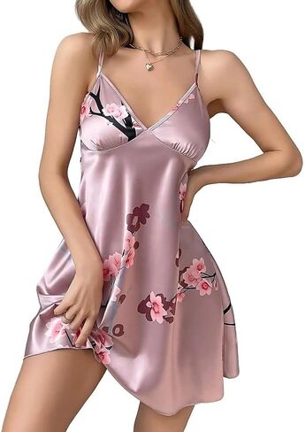 Women's Floral Satin Sleep Dress, Adjustable Straps Camisole Nightgown, Soft and Comfortable Lingerie Sleepwear in Saudi Arabia