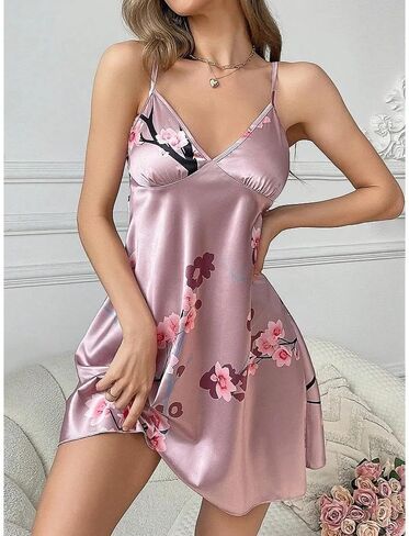 Women's Floral Satin Sleep Dress, Adjustable Straps Camisole Nightgown, Soft and Comfortable Lingerie Sleepwear in Saudi Arabia