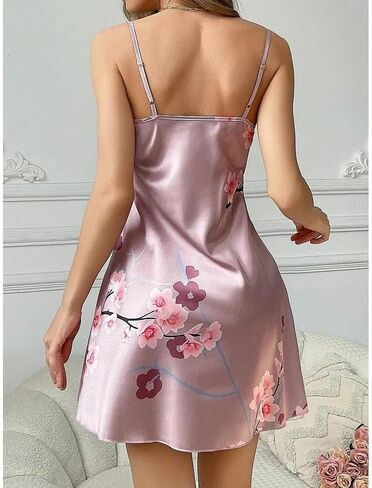 Women's Floral Satin Sleep Dress, Adjustable Straps Camisole Nightgown, Soft and Comfortable Lingerie Sleepwear in Saudi Arabia