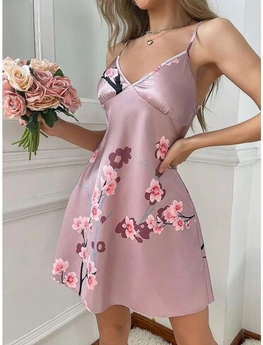 Women's Floral Satin Sleep Dress, Adjustable Straps Camisole Nightgown, Soft and Comfortable Lingerie Sleepwear in Saudi Arabia