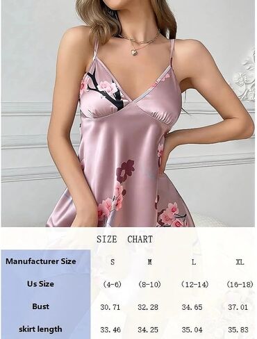 Women's Floral Satin Sleep Dress, Adjustable Straps Camisole Nightgown, Soft and Comfortable Lingerie Sleepwear in Saudi Arabia