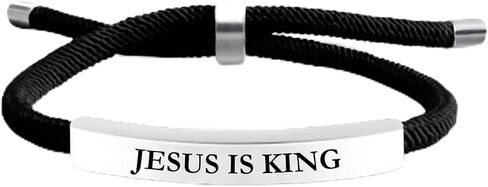 Jesus Bracelets Jesus is King Black Braided Rope Jesus Bracelet with Engraved Aluminum Plate, Baptism Gifts for Boys, Christian Gifts for Men, Unisex, Waterproof, Adjustable Design in Kuwait