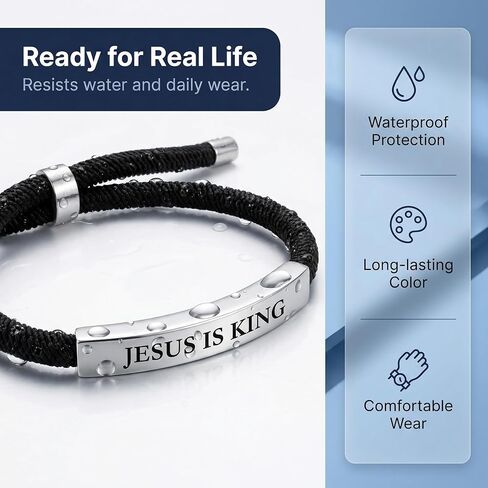 Jesus Bracelets Jesus is King Black Braided Rope Jesus Bracelet with Engraved Aluminum Plate, Baptism Gifts for Boys, Christian Gifts for Men, Unisex, Waterproof, Adjustable Design in Kuwait
