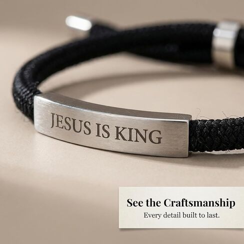Jesus Bracelets Jesus is King Black Braided Rope Jesus Bracelet with Engraved Aluminum Plate, Baptism Gifts for Boys, Christian Gifts for Men, Unisex, Waterproof, Adjustable Design in Kuwait