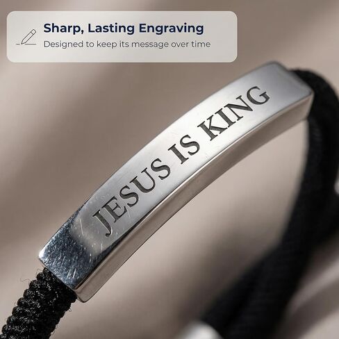Jesus Bracelets Jesus is King Black Braided Rope Jesus Bracelet with Engraved Aluminum Plate, Baptism Gifts for Boys, Christian Gifts for Men, Unisex, Waterproof, Adjustable Design in Kuwait