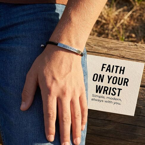 Jesus Bracelets Jesus is King Black Braided Rope Jesus Bracelet with Engraved Aluminum Plate, Baptism Gifts for Boys, Christian Gifts for Men, Unisex, Waterproof, Adjustable Design in Kuwait