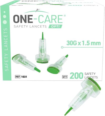 200 Count: ONE-CARE Opti Safety Lancets, Top Button Activated, 30G x 1.5mm, Auto-Retractable, Sterile, Single Use, Ideal for Blood Testing, Ultra-Thin for Comfort in Kuwait