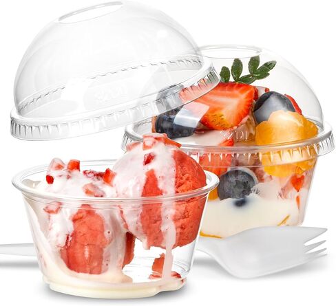 [50 Pack] 12 oz Clear Plastic Dessert Cups with Dome Lids, Inserts and Sporks, Disposable Parfait Cups with Lids, Fruits Cups No Hole, Party Containers for Yogurt, Ice Cream, Snacks, Pudding in Kuwait