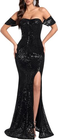 DOUMIFLY Women's Elegant Off Shoulder Sequin High Split Bodycon Dresses Prom Formal Cocktail in Saudi Arabia