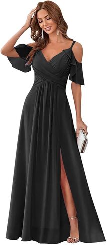 Off The Shoulder Bridesmaid Dresses for Women with Slit V Neck Ruffle Chiffon Long Formal Evening Gowns in Kuwait