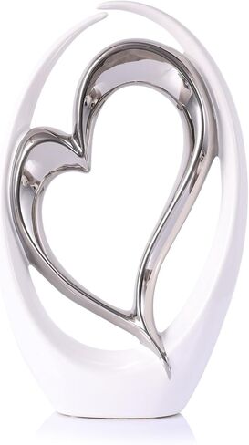 منحوتة قلب أبيض فضي - تمثال قلب من السيراميك الفضي مزدوج القلب لتزيين غرفة الزوجين لحفلات الزفاف، ديكور عيد الحب، قطع مركزية لطاولة القهوة في غرفة المعيشة (عناق قلب طويل) in Kuwait