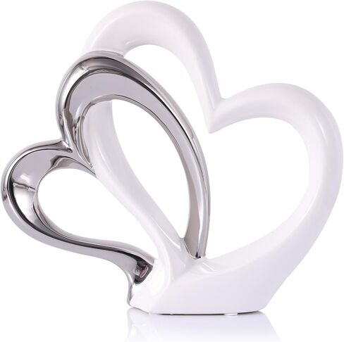 Silver White Heart Sculpture - Ceramic Silver Double Heart Couple Room Decor Art Heart Statue for Wedding, Valentine Decor, Living Room Coffee Table Centerpieces (Hug Heart-Tall) in Saudi Arabia