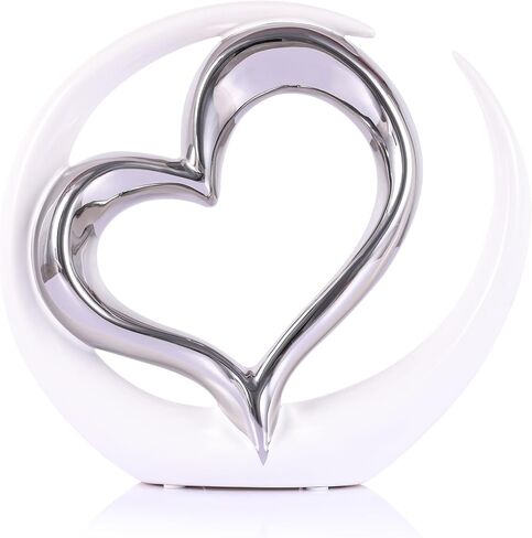 Silver White Heart Sculpture - Ceramic Silver Double Heart Couple Room Decor Art Heart Statue for Wedding, Valentine Decor, Living Room Coffee Table Centerpieces (Hug Heart-Tall) in Saudi Arabia