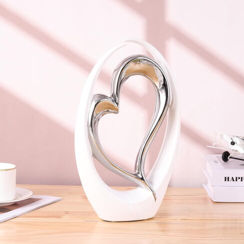 Silver White Heart Sculpture - Ceramic Silver Double Heart Couple Room Decor Art Heart Statue for Wedding, Valentine Decor, Living Room Coffee Table Centerpieces (Hug Heart-Tall) in Saudi Arabia