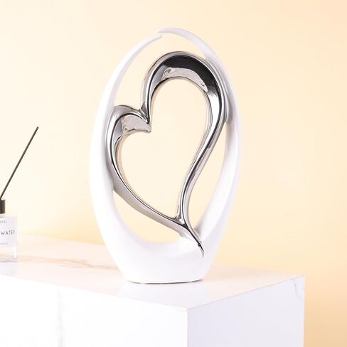 Silver White Heart Sculpture - Ceramic Silver Double Heart Couple Room Decor Art Heart Statue for Wedding, Valentine Decor, Living Room Coffee Table Centerpieces (Hug Heart-Tall) in Saudi Arabia