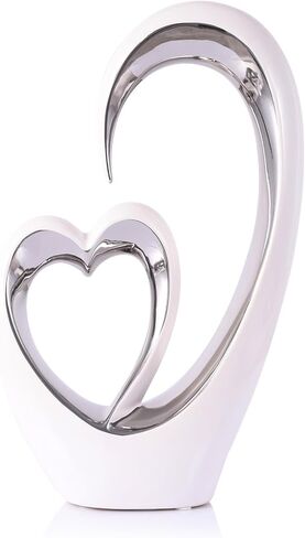 Silver White Heart Sculpture - Ceramic Silver Double Heart Couple Room Decor Art Heart Statue for Wedding, Valentine Decor, Living Room Coffee Table Centerpieces (Hug Heart-Tall) in Saudi Arabia