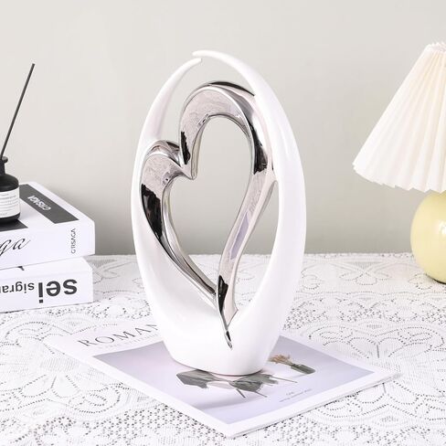 Silver White Heart Sculpture - Ceramic Silver Double Heart Couple Room Decor Art Heart Statue for Wedding, Valentine Decor, Living Room Coffee Table Centerpieces (Hug Heart-Tall) in Saudi Arabia