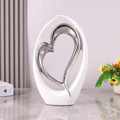 Silver White Heart Sculpture - Ceramic Silver Double Heart Couple Room Decor Art Heart Statue for Wedding, Valentine Decor, Living Room Coffee Table Centerpieces (Hug Heart-Tall) in Saudi Arabia