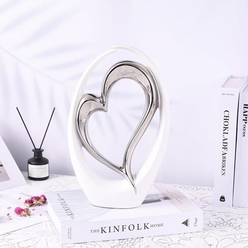 Silver White Heart Sculpture - Ceramic Silver Double Heart Couple Room Decor Art Heart Statue for Wedding, Valentine Decor, Living Room Coffee Table Centerpieces (Hug Heart-Tall) in Saudi Arabia