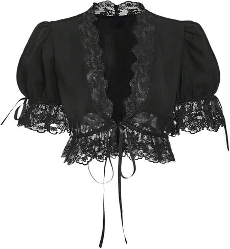MakeMeChic Women's Floral Lace V Neck Blouse Crop Tops Puff Sleeve Tie Front Summer Shirts in Saudi Arabia