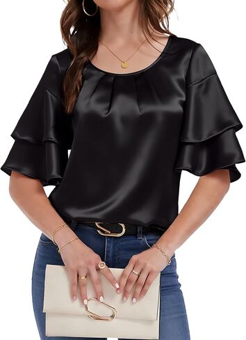 PEIQI Women's Short Sleeve Tops Dressy Casual Satin Silk Crewneck Blouse 2026 Party Loose Fit Shirts in Saudi Arabia