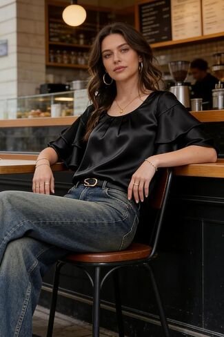 PEIQI Women's Short Sleeve Tops Dressy Casual Satin Silk Crewneck Blouse 2026 Party Loose Fit Shirts in Saudi Arabia
