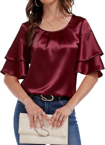 PEIQI Women's Short Sleeve Tops Dressy Casual Satin Silk Crewneck Blouse 2026 Party Loose Fit Shirts in Kuwait