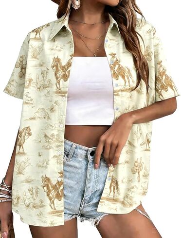 JINTING Western Shirt for Women - Vintage Cowboy Cowgirl Button Down Country Concert Outfits Print Short Sleeve Tops in Saudi Arabia
