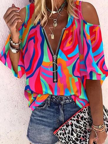 Women 3/4 Sleeve Tops Cold Shoulder Blouse Casual Half Zip Boho Blouses Shirt 2025 Fall Trendy Blouse in Saudi Arabia