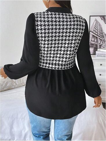 MakeMeChic Women's Plus Size Houndstooth Lantern Sleeve Button Down Shirts Blouse Peplum Tops in Saudi Arabia