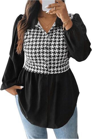 MakeMeChic Women's Plus Size Houndstooth Lantern Sleeve Button Down Shirts Blouse Peplum Tops in Saudi Arabia