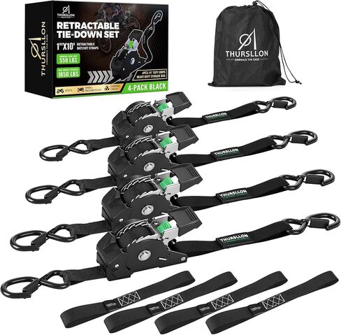 Retractable Ratchet Straps (4-Pack) - 1 Inch x 10 Feet (1,650lb Break Strength) - Auto Self Retracting Tie Down Straps for Truck, Cargo Trailer, Motorcycle, ATV, UTV - Black in Saudi Arabia