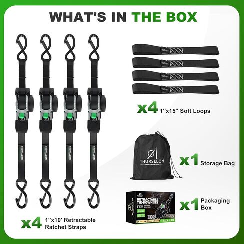 Retractable Ratchet Straps (4-Pack) - 1 Inch x 10 Feet (1,650lb Break Strength) - Auto Self Retracting Tie Down Straps for Truck, Cargo Trailer, Motorcycle, ATV, UTV - Black in Saudi Arabia