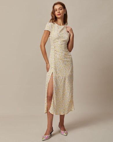 فستان RIHOAS Boho متوسط ​​الطول مزين بالزهور للنساء - تصميم بفتحة رقبة دائرية، فستان كاجوال للشاطئ والحديقة لقضاء العطلات in Kuwait