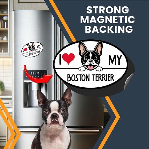 Magnet Me Up I Love My Boston Terrier Dog Breed Car ملصق مغناطيسي، 4 × 6 بوصات بيضاوية، زخرفة رائعة للمركبة، الثلاجة، كلب خاطف لطيف، مغناطيس ممتص للصدمات لمحبي السلالات، صنع في الولايات المتحدة الأمريكية in Kuwait