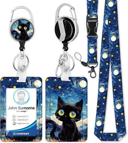 ID Badge Holder with Lanyard,Retractable ID Badge Card Holders&Detachable Lanyard Strap,ID Card Protector for Women Teacher Nurse Doctor Office. (Black Cat-01) in Saudi Arabia