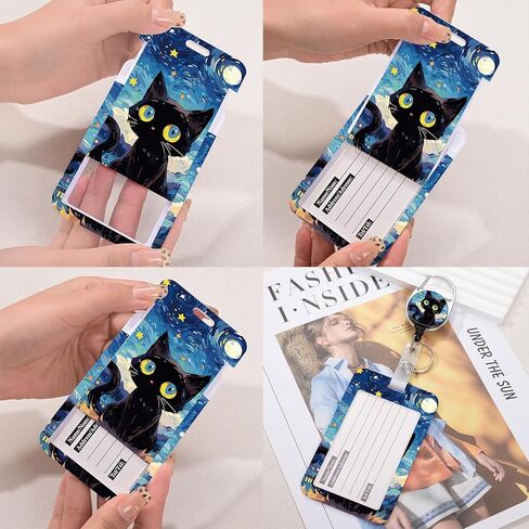 ID Badge Holder with Lanyard,Retractable ID Badge Card Holders&Detachable Lanyard Strap,ID Card Protector for Women Teacher Nurse Doctor Office. (Black Cat-01) in Saudi Arabia