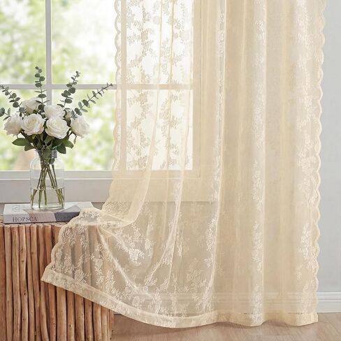 Horaldaily Beige Lace Curtains for Living Room and Bedroom, Vintage Floral Sheer Curtain Panels, Rod Pocket, Light Filtering, Victorian Sheer Drapes, 55" W x 84" L, 2 Panels in Saudi Arabia