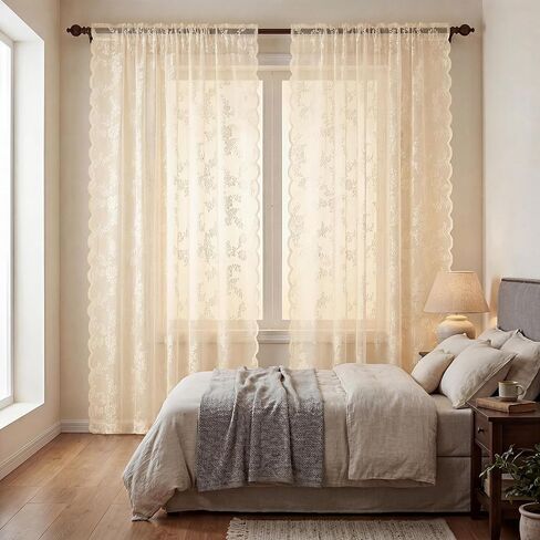 Horaldaily Beige Lace Curtains for Living Room and Bedroom, Vintage Floral Sheer Curtain Panels, Rod Pocket, Light Filtering, Victorian Sheer Drapes, 55" W x 84" L, 2 Panels in Saudi Arabia